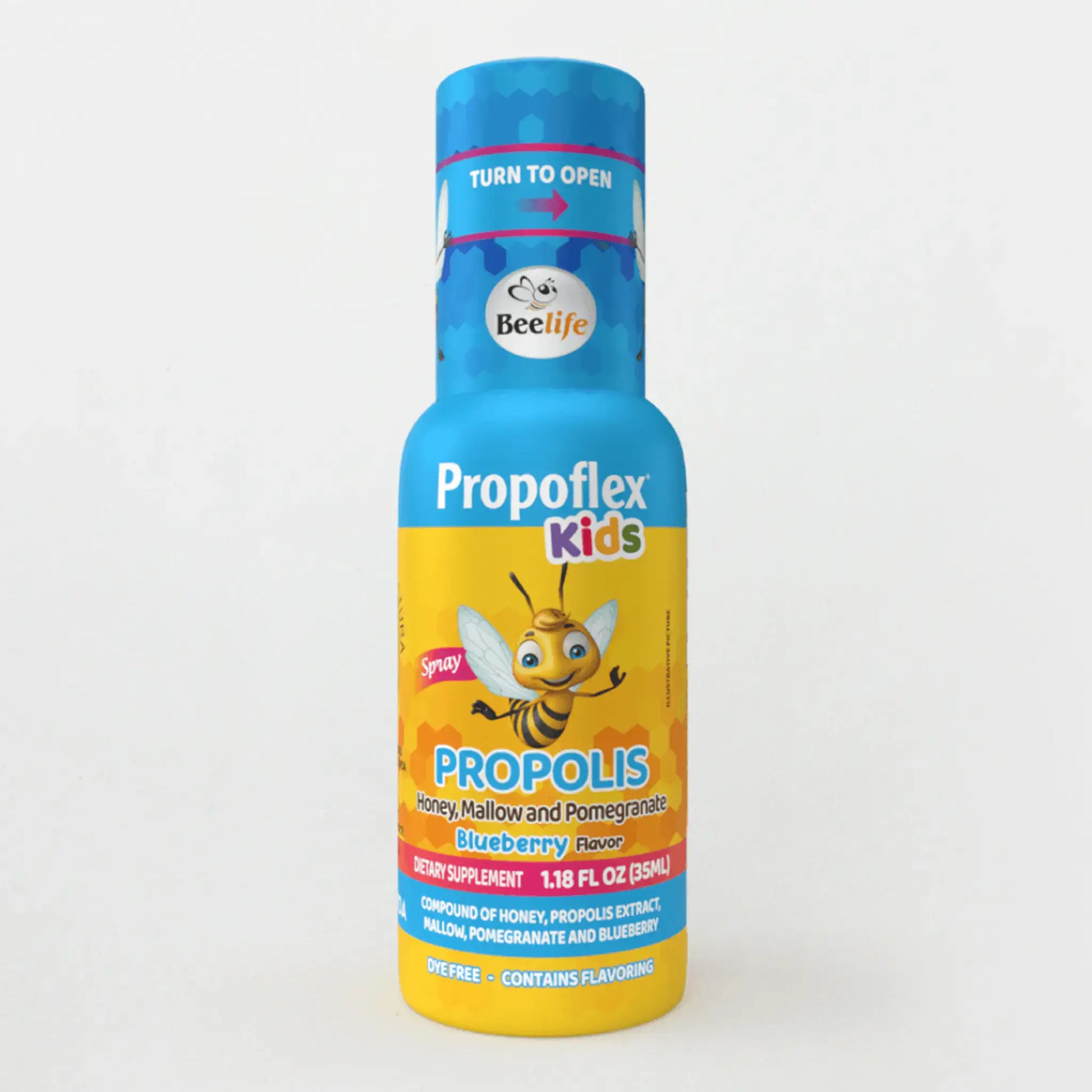Blue and yellow children's spray bottle labeled Propolflex Kids with honey, mallow, pomegranate, and blueberry flavor.