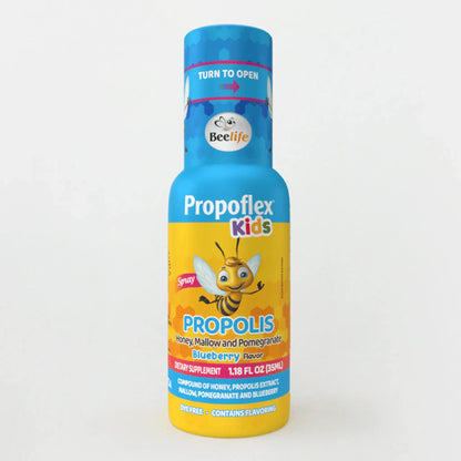 Blue and yellow children's spray bottle labeled Propolflex Kids with honey, mallow, pomegranate, and blueberry flavor.