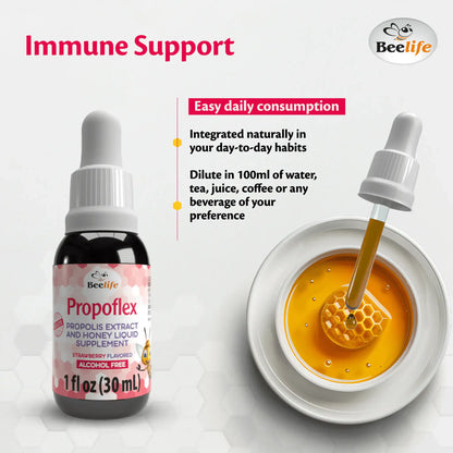 Amber bottle of Propoflex with a dropper, label features honeycomb and strawberry imagery, placed next to a bowl of honey.