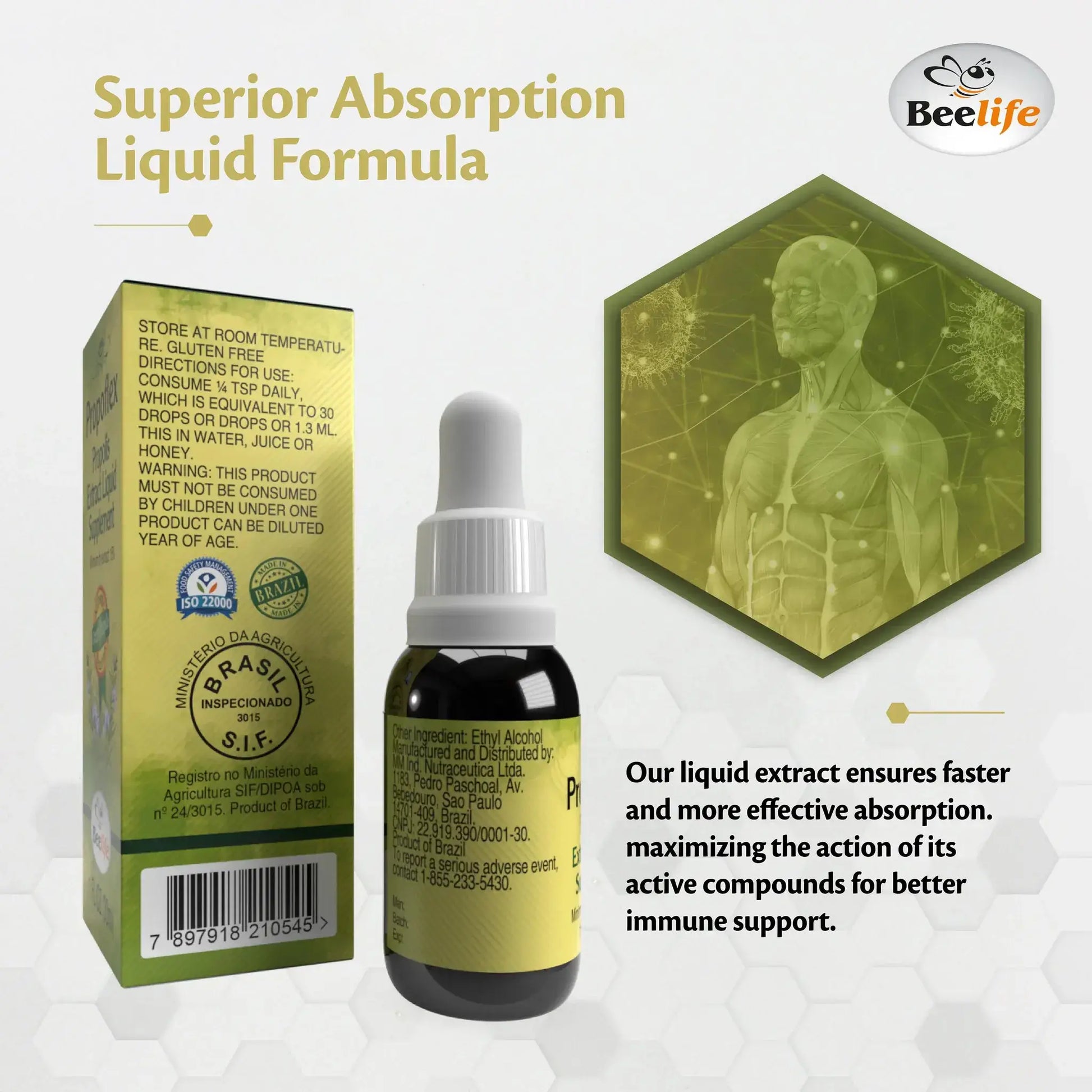 Bottle of BeeLife Green Propolis Drops 15% with a yellow label, eye dropper top, and packaging box with health claims.