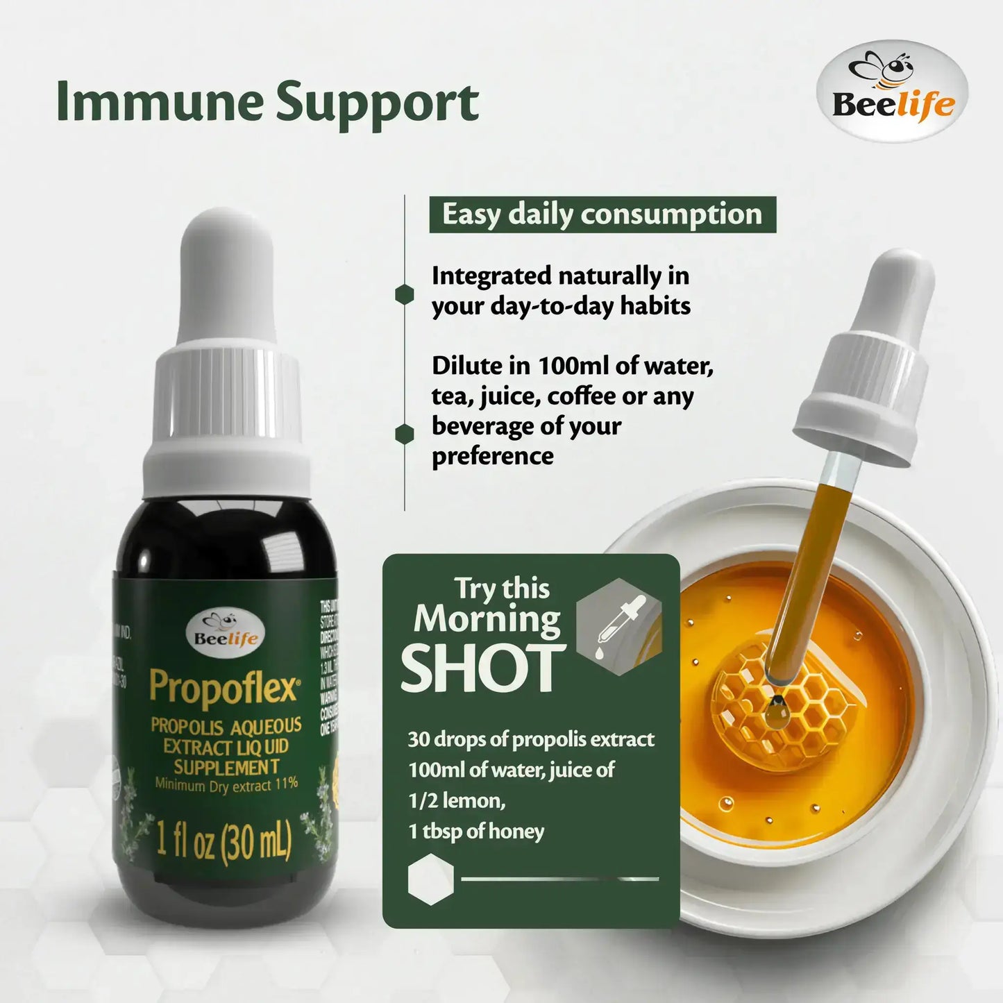 Dark green dropper bottle labeled Propolflex with honeycomb and honey illustration; suggests immune support supplement.