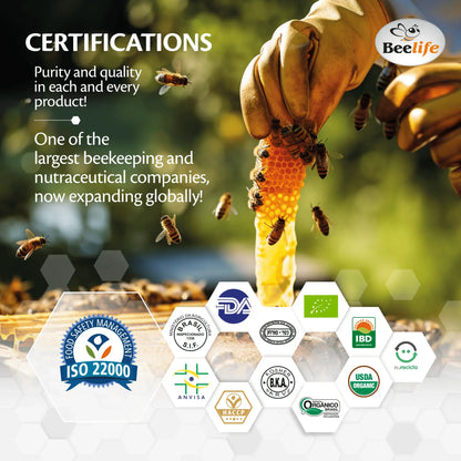 Beehive background with honey extraction, showcasing certification logos and emphasizing quality and global expansion.