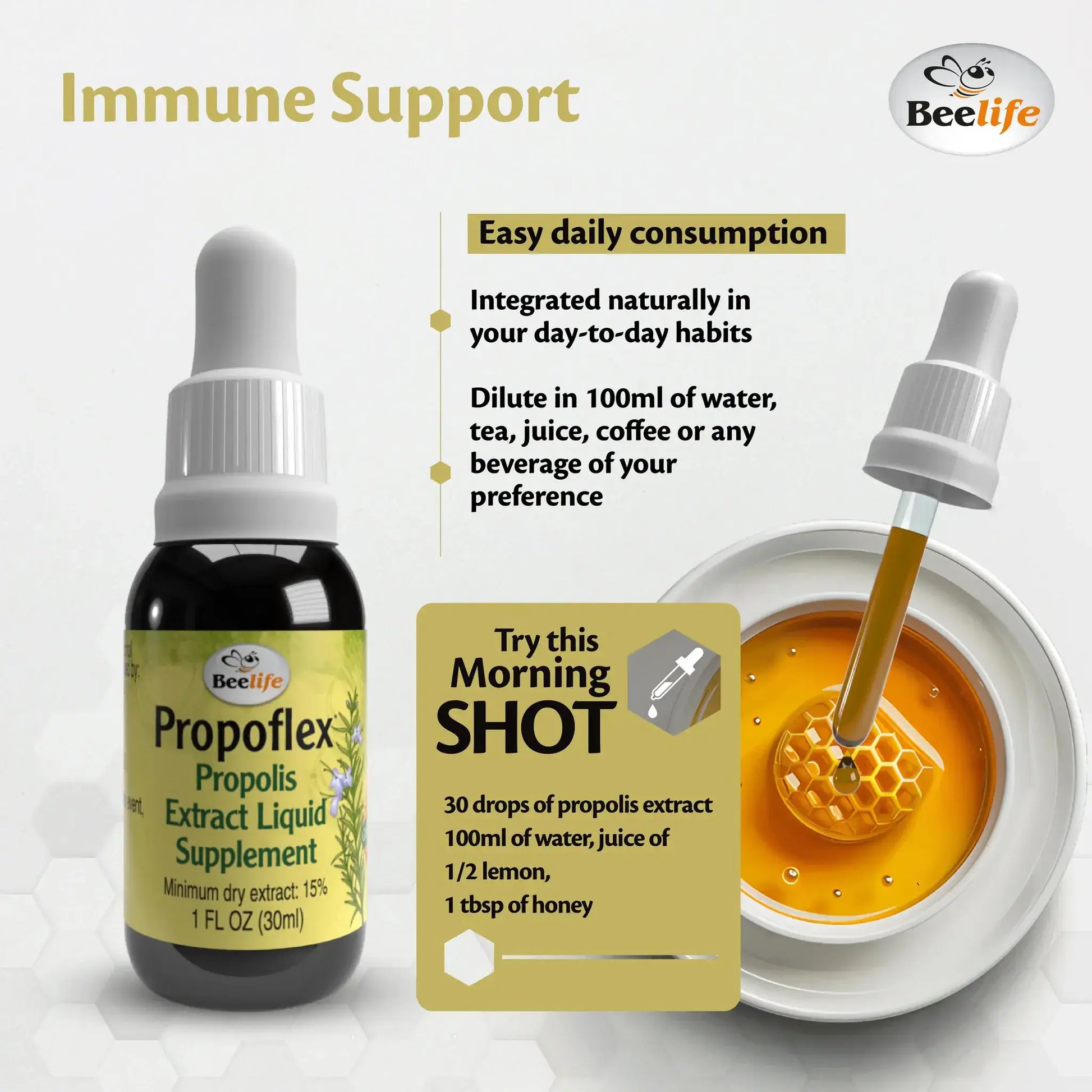 BeeLife Green Propolis Drops, 30ml bottle, with dropper; features a dark label, emphasizing immune support.