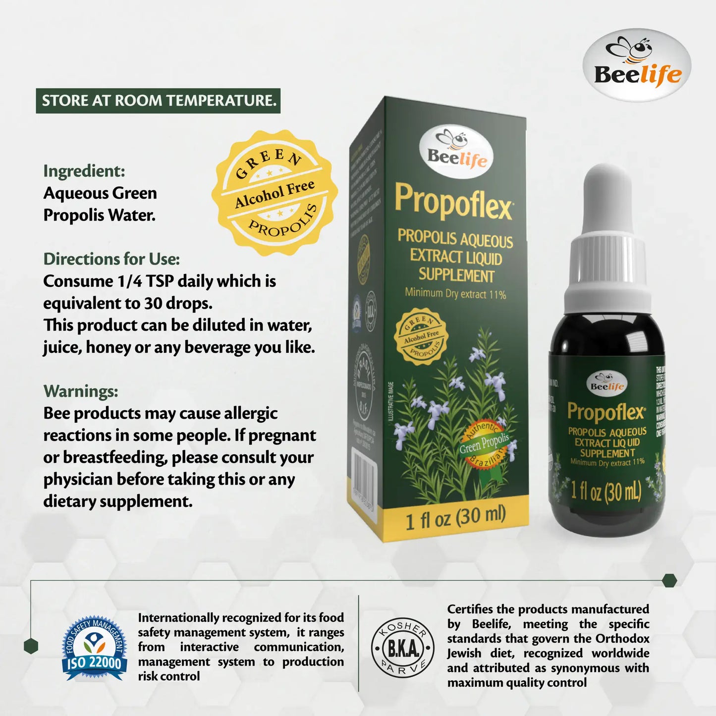 A bottle of BeeLife Propolflex, an alcohol-free propolis extract liquid supplement in a white and green box, with dosage instructions.