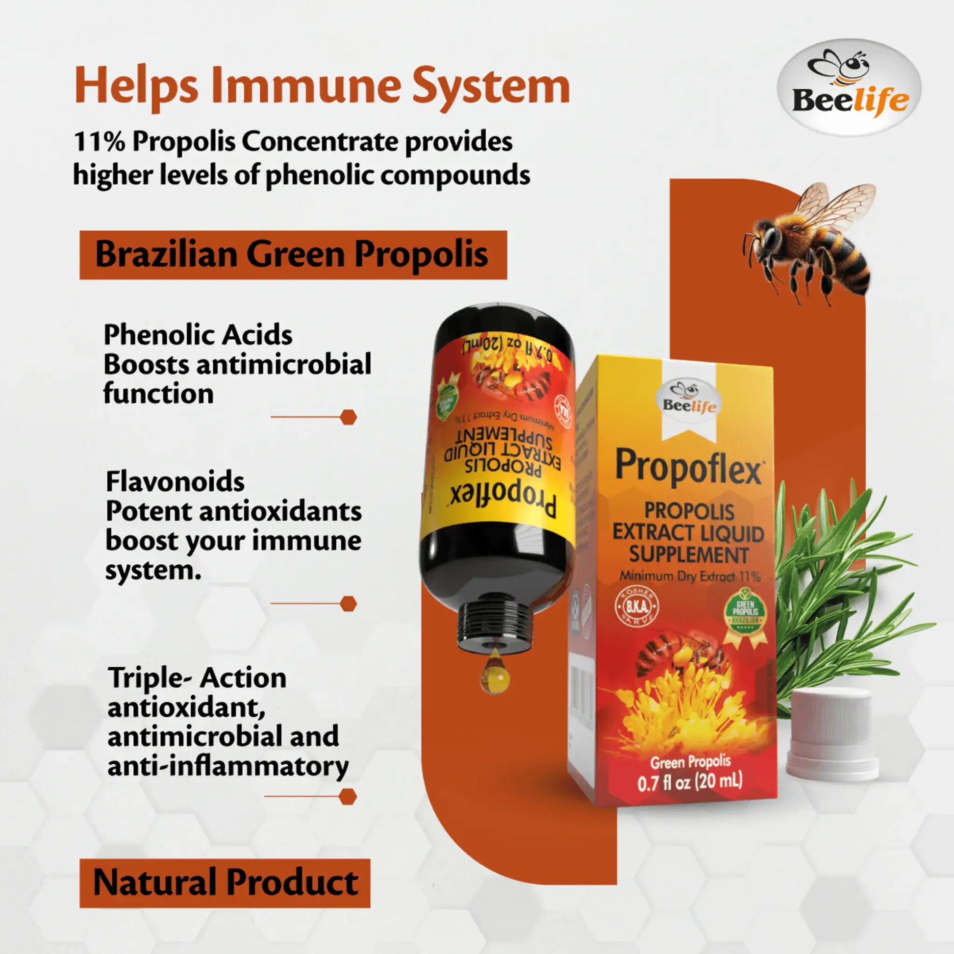 Bottle of BeeLife Green Propolis Drops, featuring bold colors and a label highlighting health benefits and ingredients.