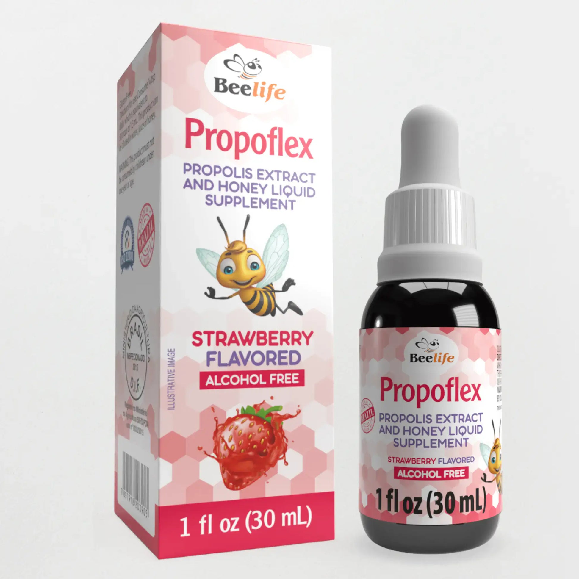 Packaging for Beelife Propoflex, a strawberry-flavored alcohol-free supplement, with a bee illustration and 1 fl oz label.