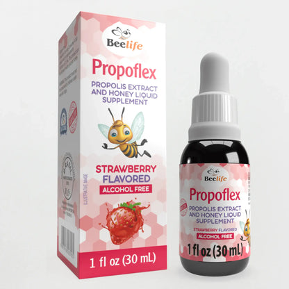 Packaging for Beelife Propoflex, a strawberry-flavored alcohol-free supplement, with a bee illustration and 1 fl oz label.