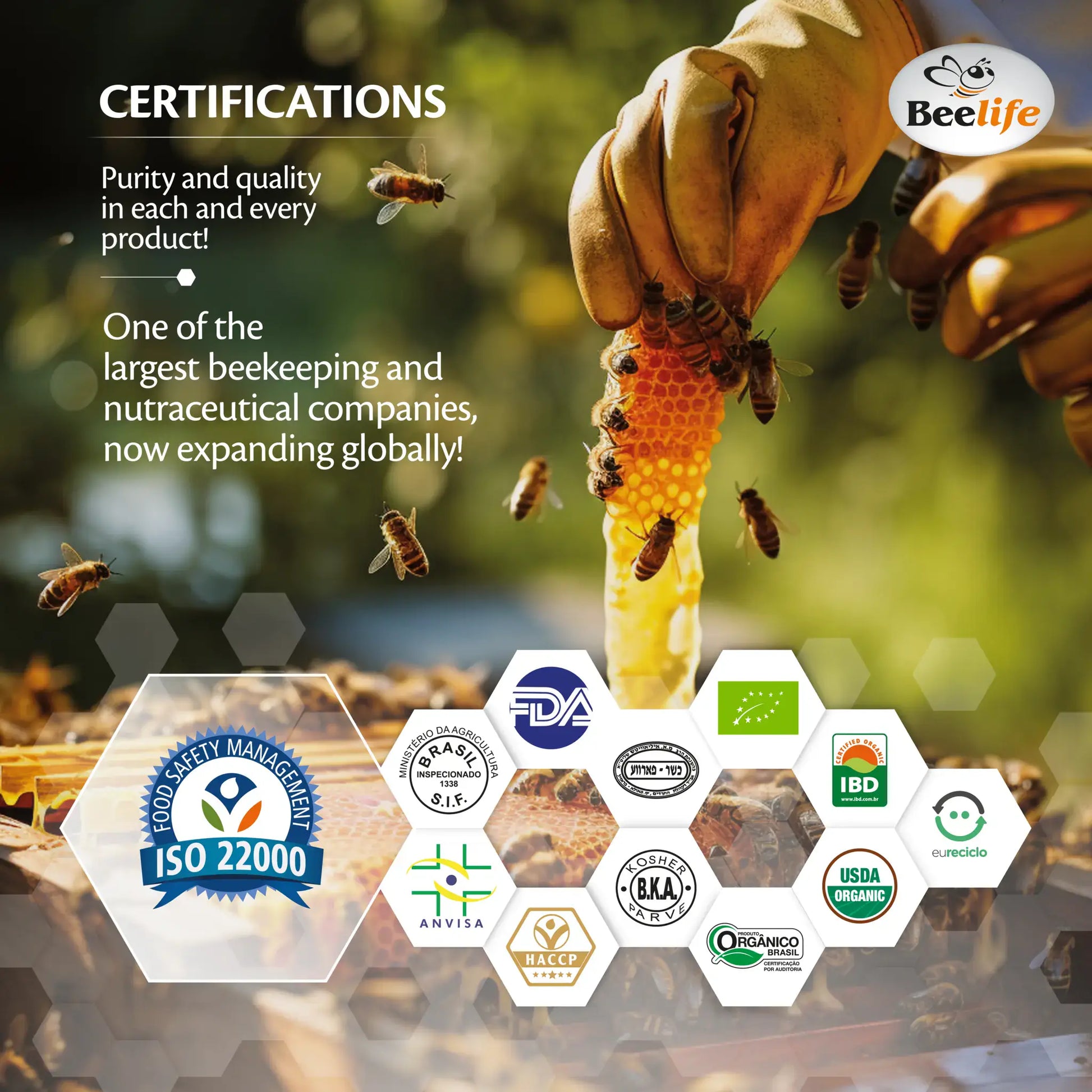 A hand retrieving honey from a honeycomb surrounded by bees, with various certification logos displayed on the right.