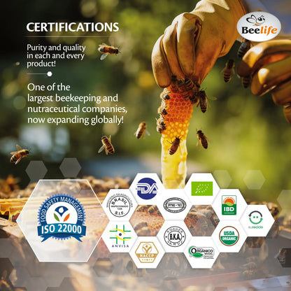 A hand retrieving honey from a honeycomb surrounded by bees, with various certification logos displayed on the right.