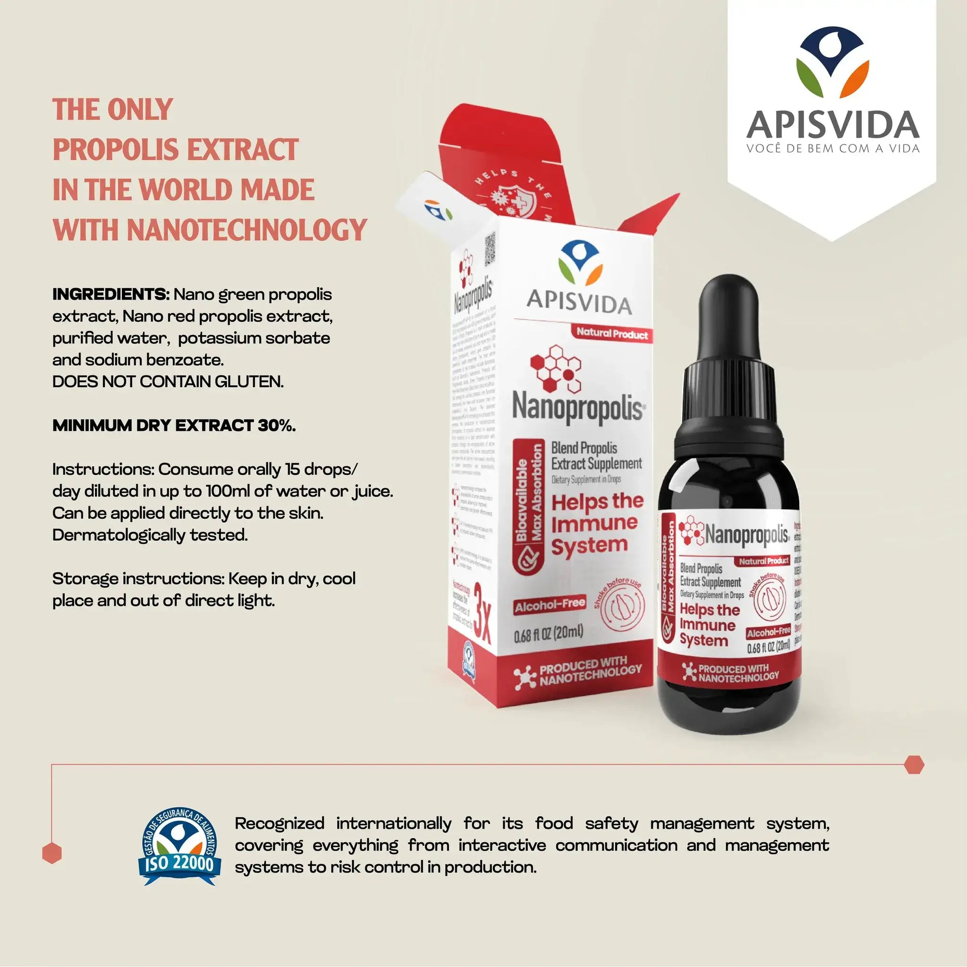 Bottling of propolis extract labeled Nanopropolis with a dropper, featuring red and white packaging, highlighting benefits for immunity.