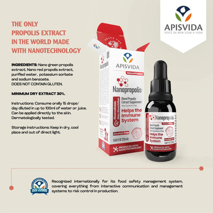 Bottling of propolis extract labeled Nanopropolis with a dropper, featuring red and white packaging, highlighting benefits for immunity.