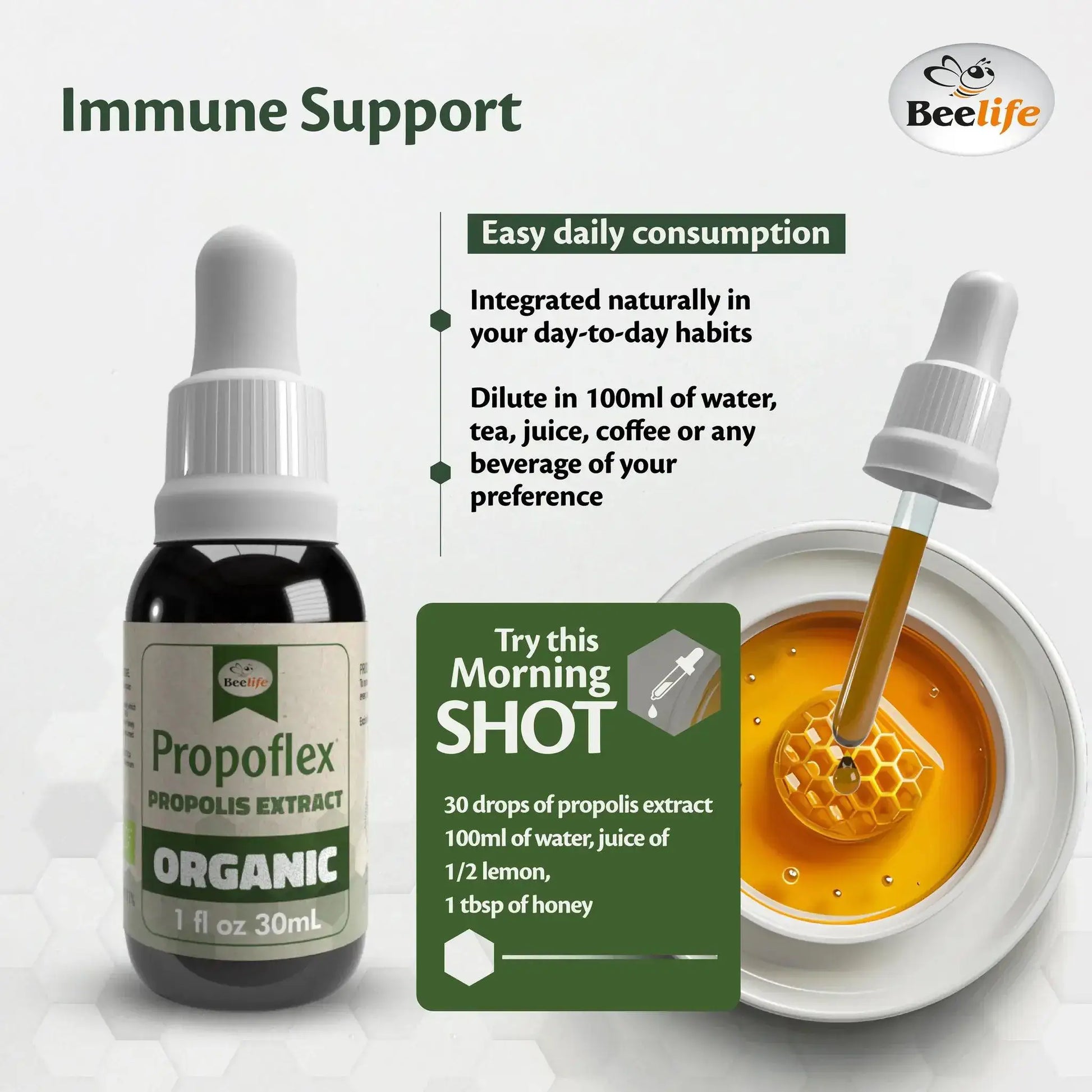Bottle of organic propolis extract for immune support, with dropper and honeycomb illustration, set against a light background.