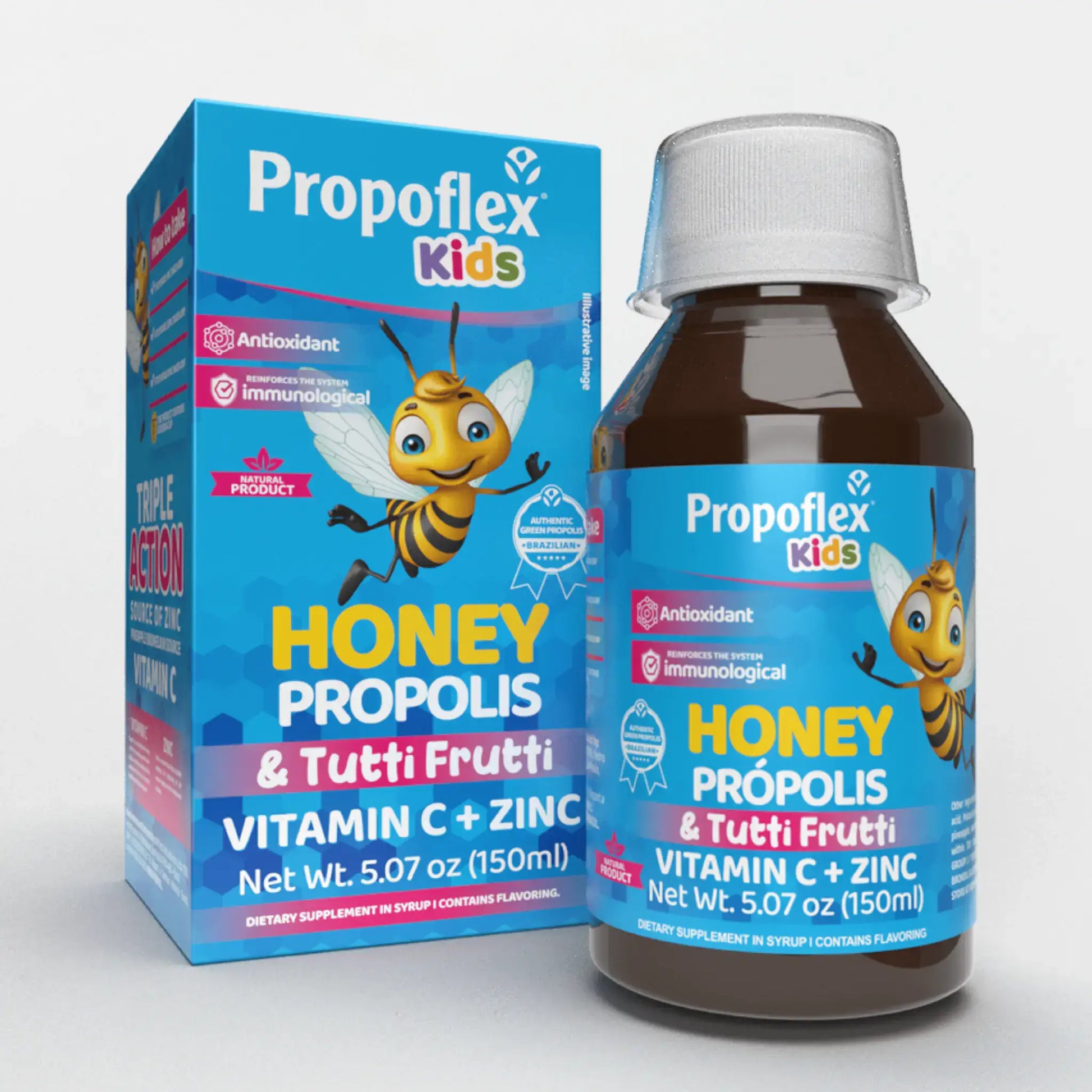 Honey propolis cough syrup for kids in a colorful 150ml bottle with a fun bee design and fruit theme.