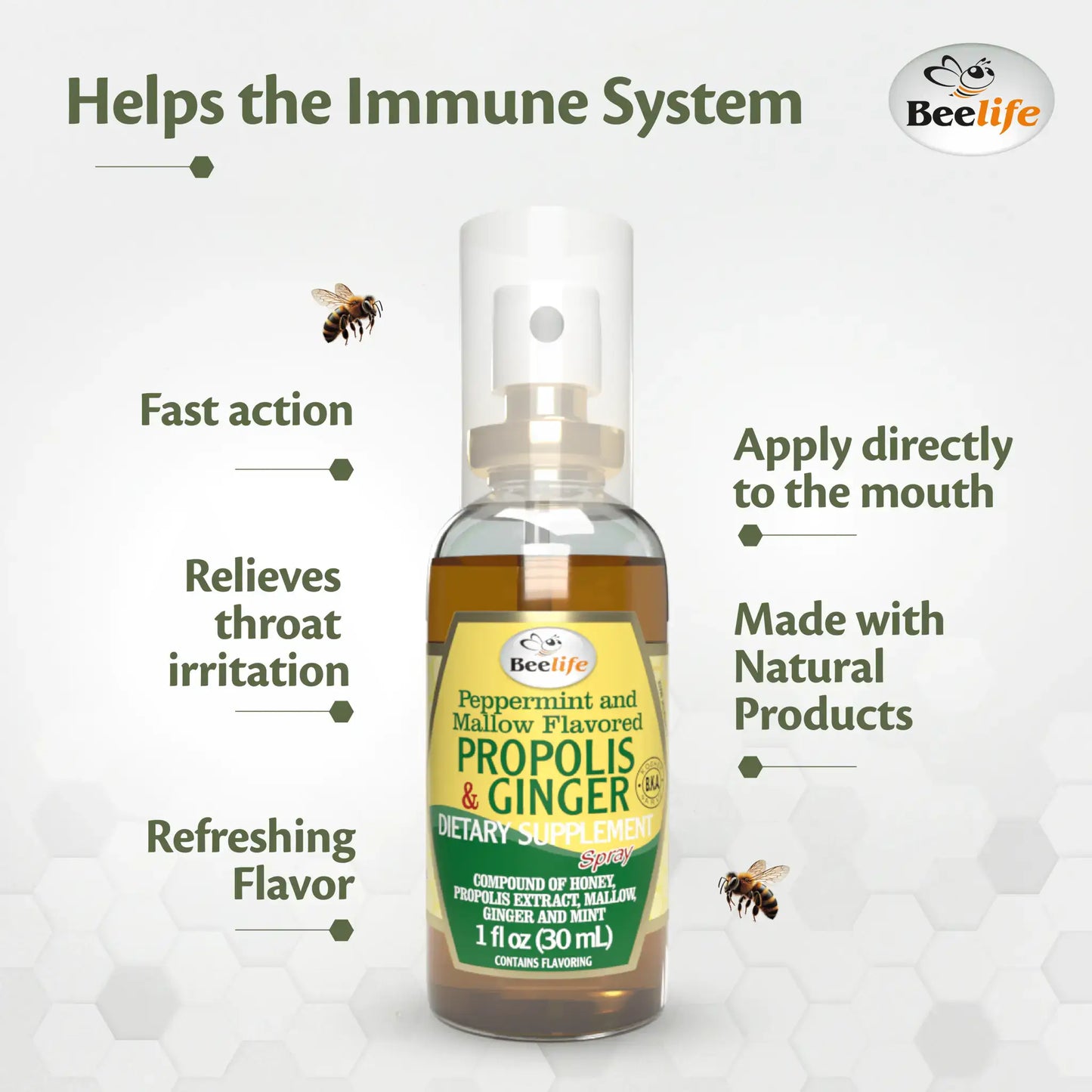 BeeLife Honey & Ginger Propolis Throat Spray in a spray bottle, with a label showcasing natural ingredients and health benefits.