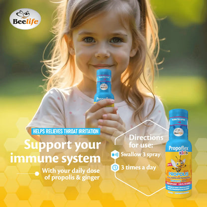 Child holding a blue Propolflex Kids spray bottle labeled with immune support information and Propolis and ginger details.