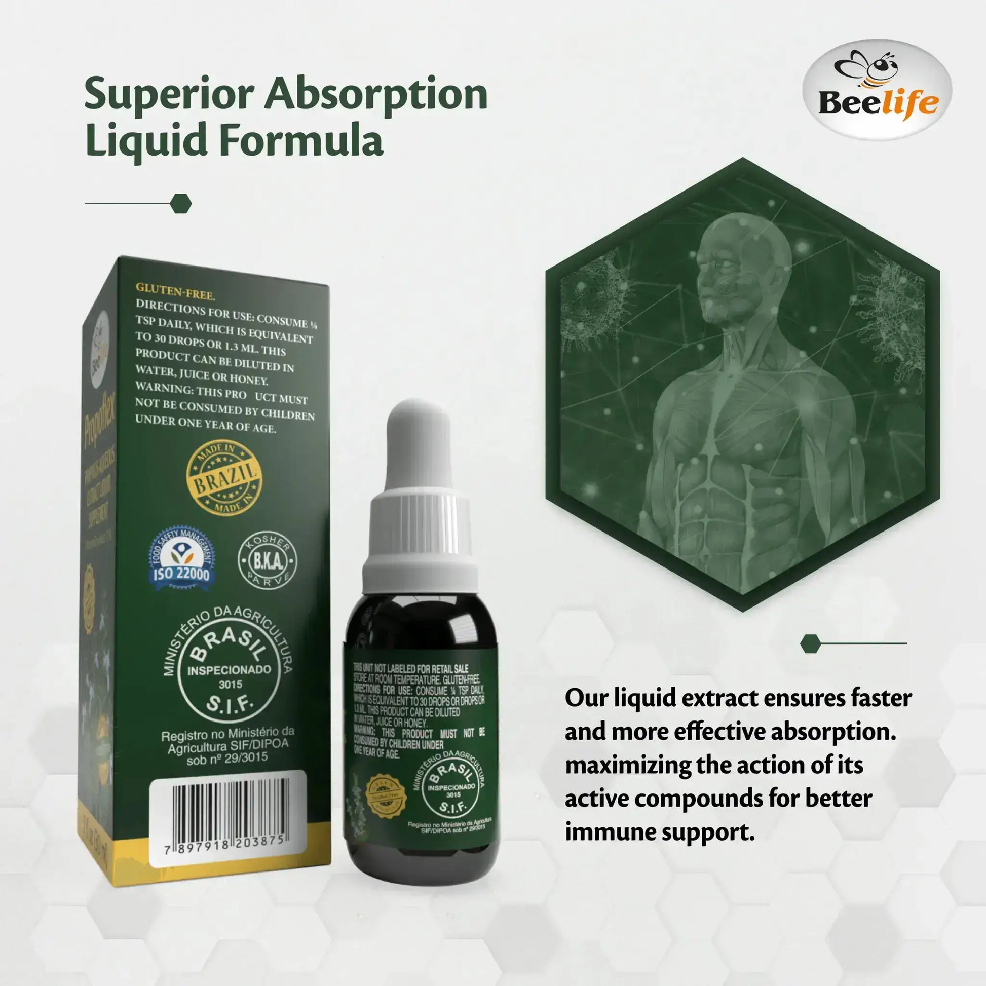 Dark bottle with dropper cap, featuring green and gold packaging, labeled Superior Absorption Liquid Formula for immune support.