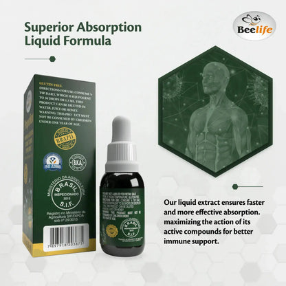 Dark bottle with dropper cap, featuring green and gold packaging, labeled Superior Absorption Liquid Formula for immune support.