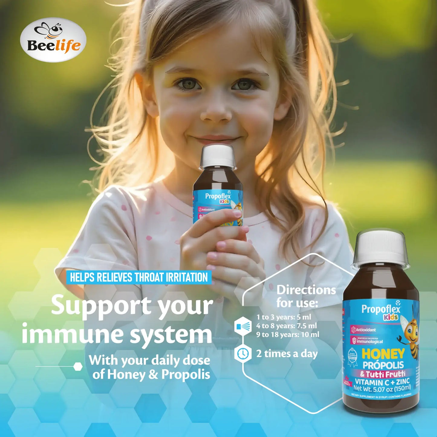 Bottle of BeeLife Kids Propolis Cough Syrup in Tutti-Frutti flavor with colorful label, held by a child, suggesting immune support.