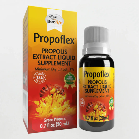 Bottle of BeeLife Green Propolis Drops with colorful packaging, featuring a label highlighting 11% dry extract in a 20ml size.