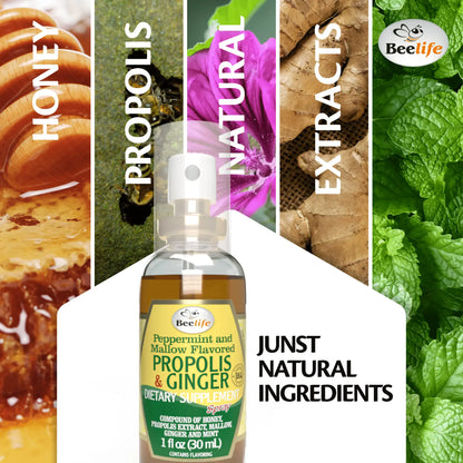 Clear spray bottle of BeeLife Honey & Ginger Propolis Throat Spray with natural extracts and a colorful background.