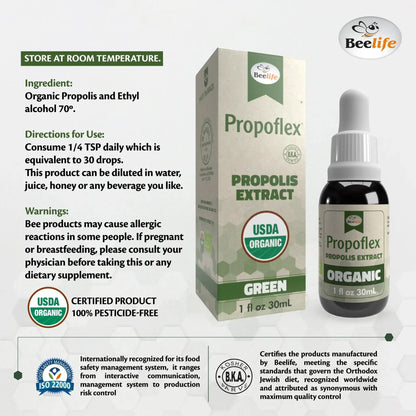 Bottle of Propolflex propolis extract in green box with dropper, labeled USDA organic and instructions for use.