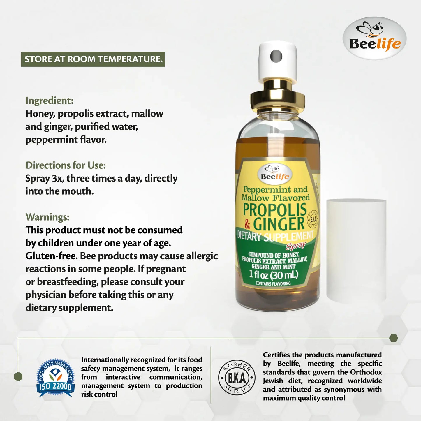 Bottle of BeeLife Honey & Ginger Propolis Throat Spray with a brown label, stored at room temperature.