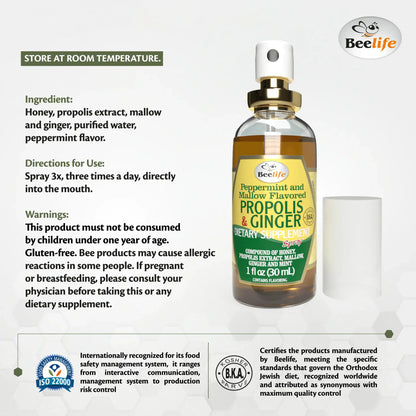 Bottle of BeeLife Honey & Ginger Propolis Throat Spray with a brown label, stored at room temperature.