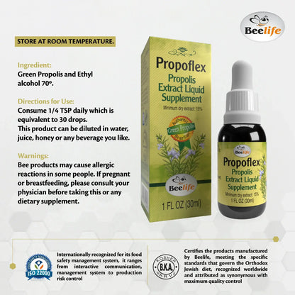 Bottle of BeeLife Green Propolis Drops with green label, white text, dropper top, and storage instructions.