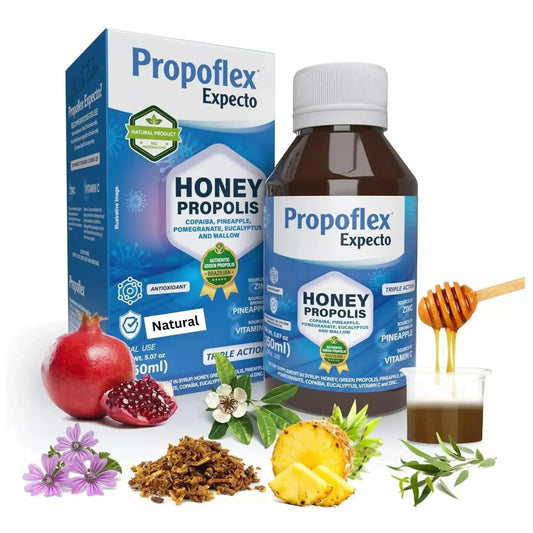Honey propolis bottle with packaging featuring pineapple, pomegranate, and mallow illustrations, surrounded by natural ingredients.