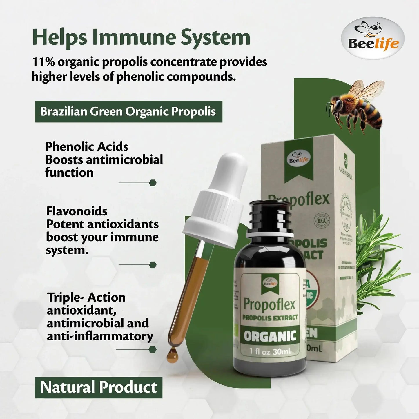Packaging of Brazilian Green Organic Propolis with a dropper bottle, eco-friendly design, and natural product label.