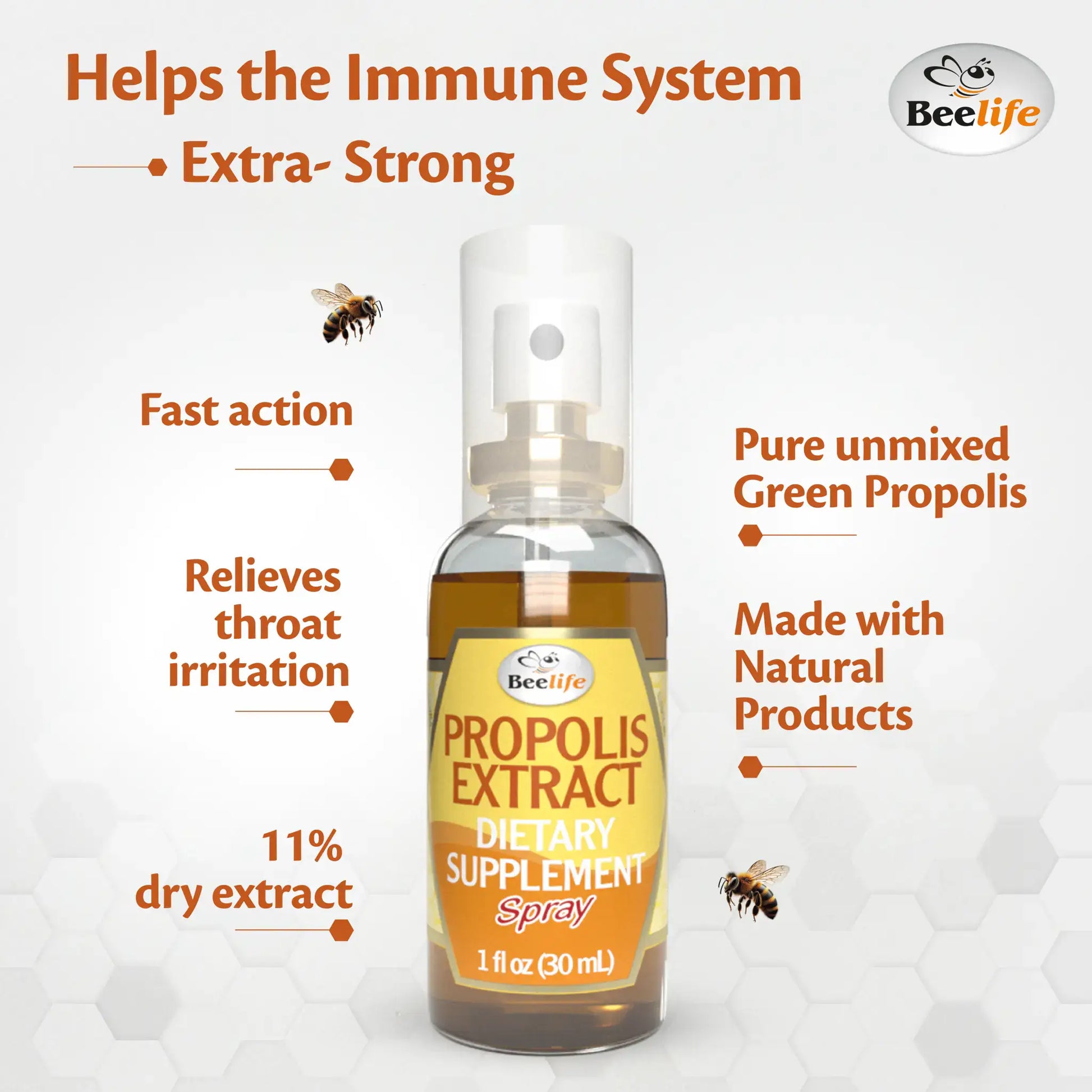 Bottle of Propolis Extract spray, featuring a clear label with health claims, natural color scheme, and a spray nozzle.