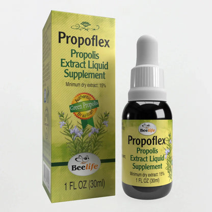 Bottle of BeeLife Green Propolis Drops with a label featuring botanical illustrations, packaged in a securely closed box.