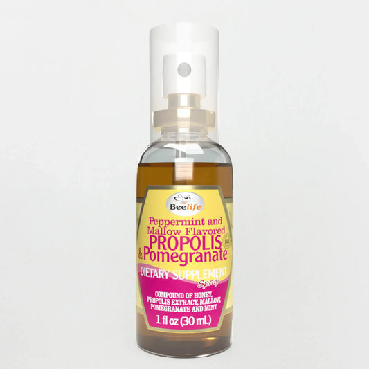 A bottle of BeeLife Honey, Mint & Pomegranate Propolis Throat Spray with a purple and yellow label.