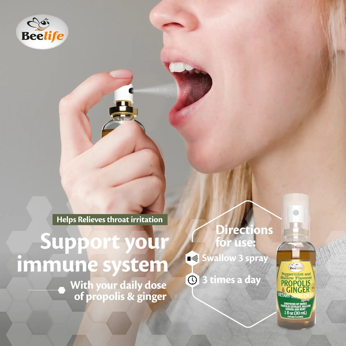 Throat spray bottle with a person using it, highlighting BeeLife's Honey & Ginger formula for immune support.
