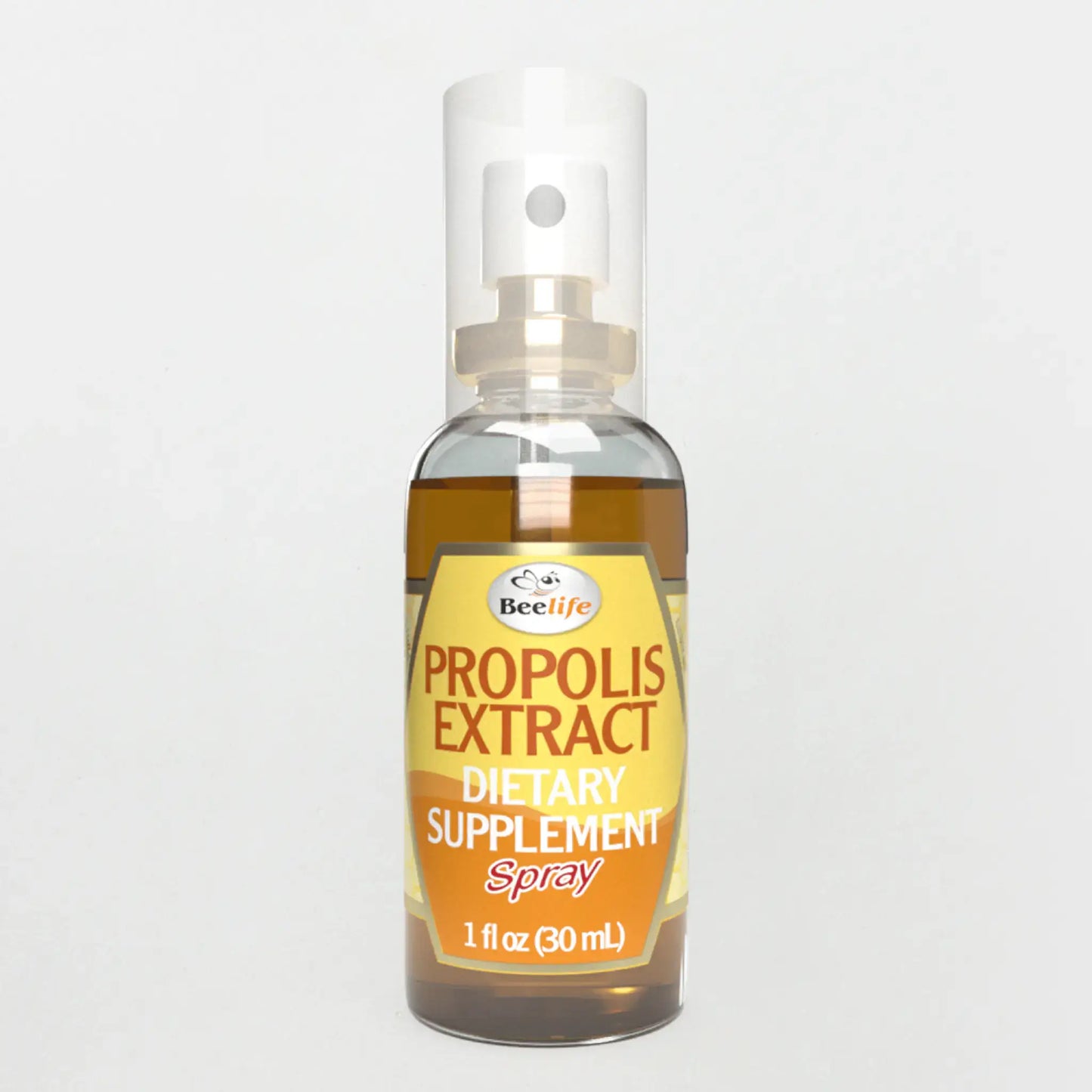 Bottle of propolis extract dietary supplement spray with a yellow label and a clear sprayer cap, 1 fluid ounce size.