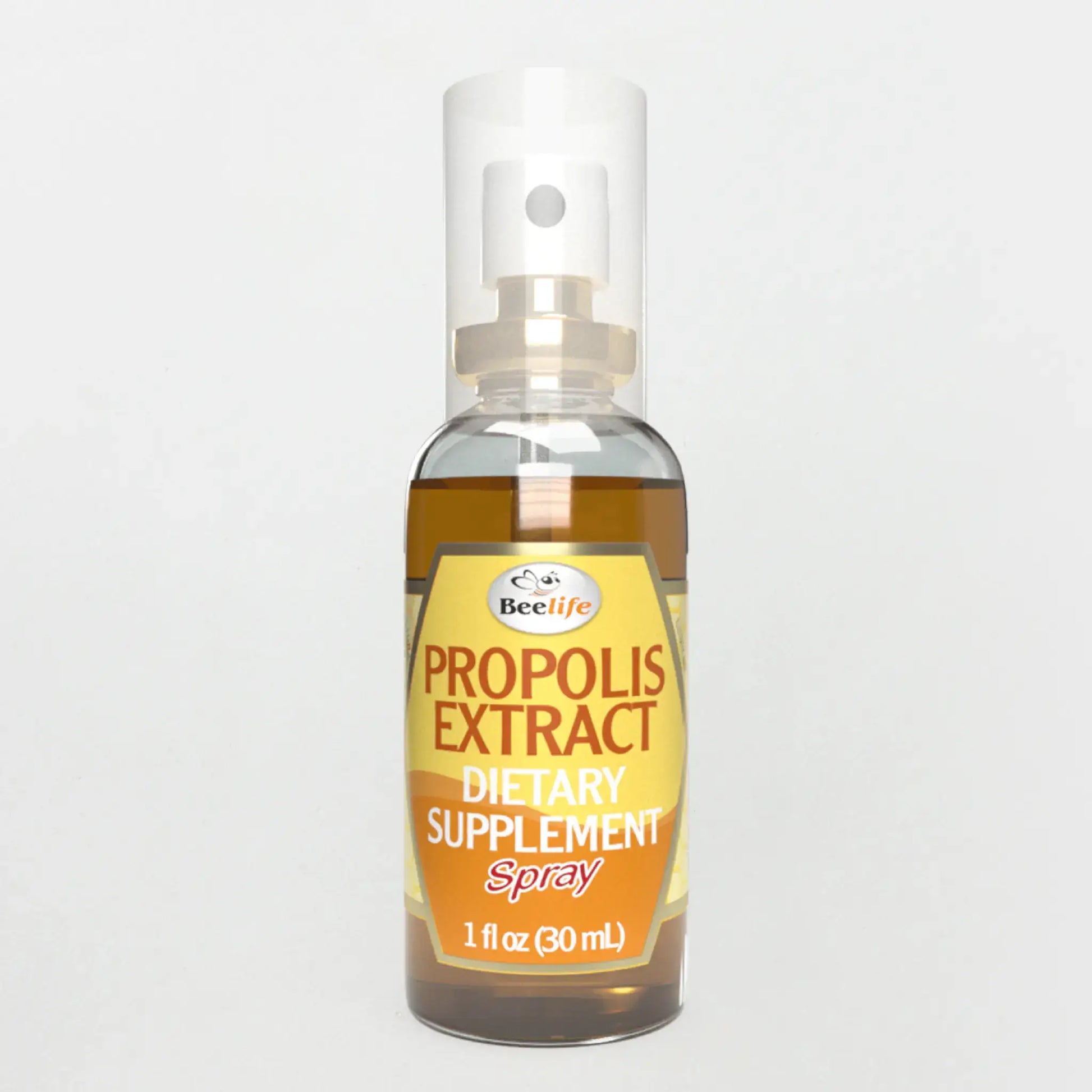 Bottle of propolis extract dietary supplement spray with a yellow label and a clear sprayer cap, 1 fluid ounce size.