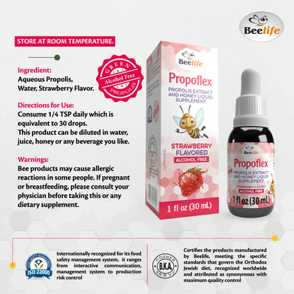Labelled BeeLife Propoflex bottle, 1 fl oz, with strawberry flavor, featuring a dropper and health supplement information.