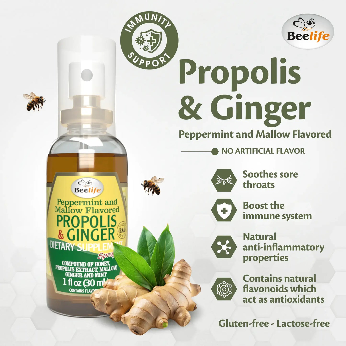 BeeLife Honey & Ginger Propolis Throat Spray in a clear bottle with a spray nozzle, featuring a vibrant label and herbal accents.