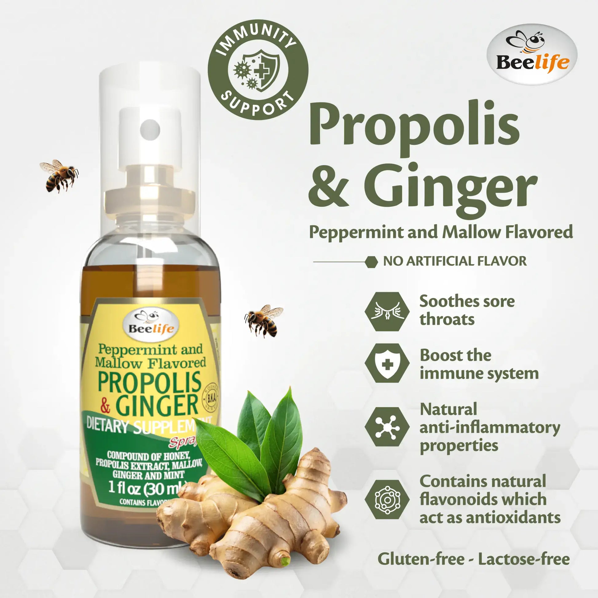 BeeLife Honey & Ginger Propolis Throat Spray in a clear bottle with a spray nozzle, featuring a vibrant label and herbal accents.
