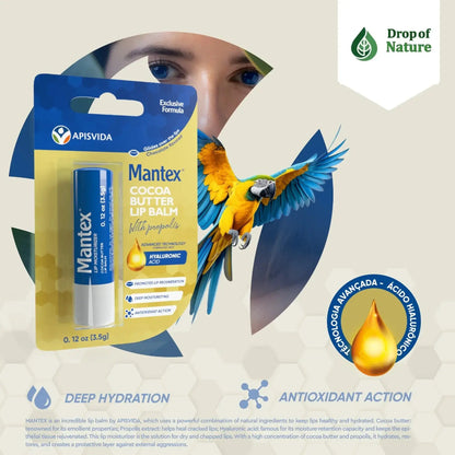 Cocoa butter lip balm packaging featuring blue and white design, highlighting hydration and antioxidant benefits.