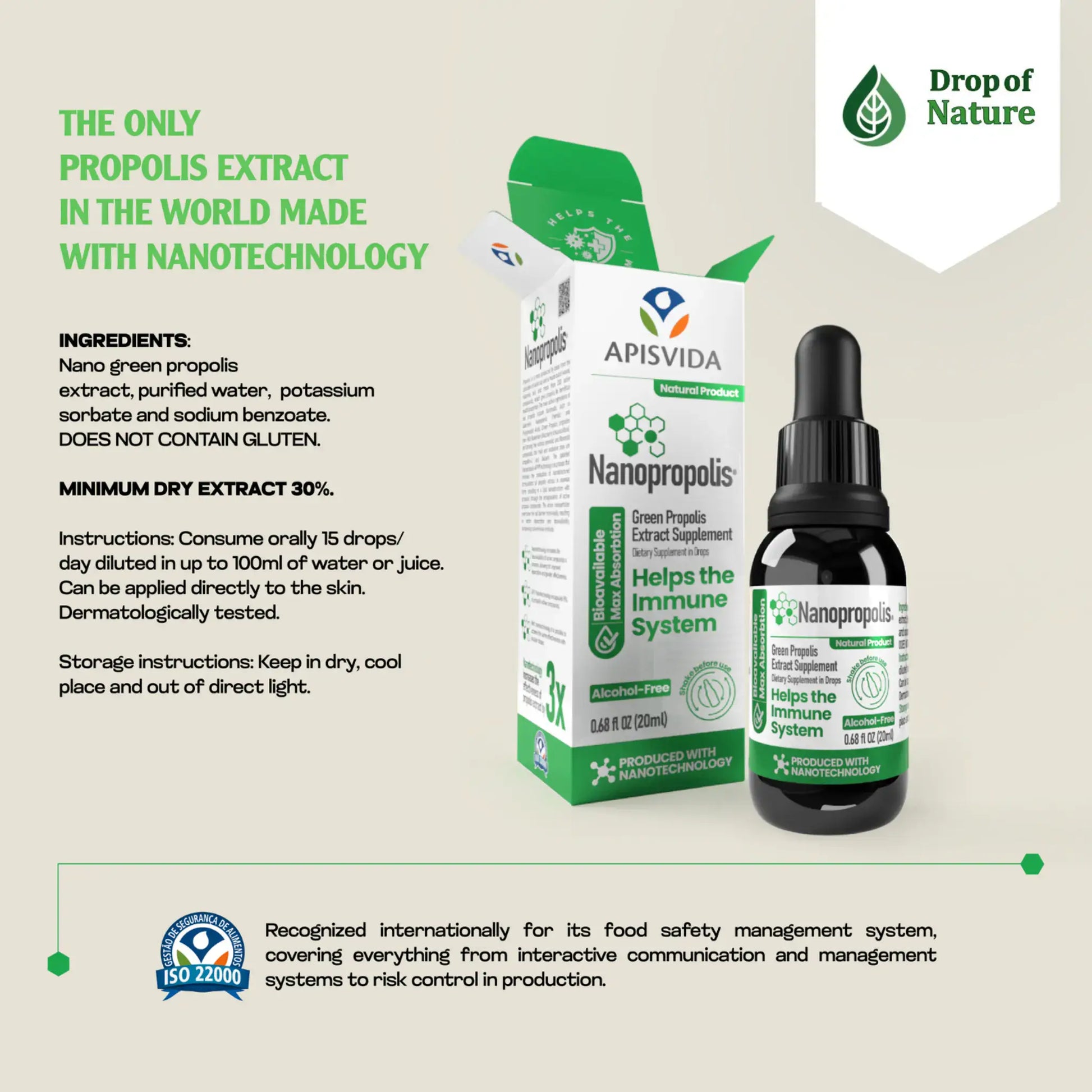Green and white packaging for Nanopropolis, with a dropper bottle and label highlighting ingredients and health benefits.