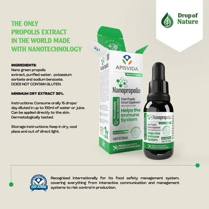 Green and white packaging for Nanopropolis, with a dropper bottle and label highlighting ingredients and health benefits.