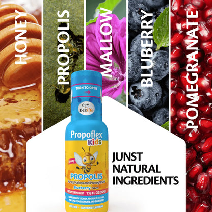 Bright blue bottle of Propolflex Kids featuring natural ingredients honey, propolis, mallow, blueberry, and pomegranate.