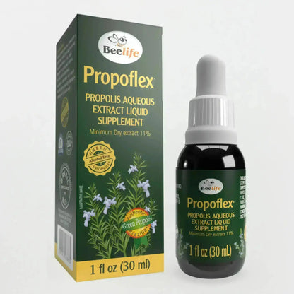 Bottle of Beelife Propoflex liquid supplement with a green and white box, featuring herbal illustrations and a dropper top.