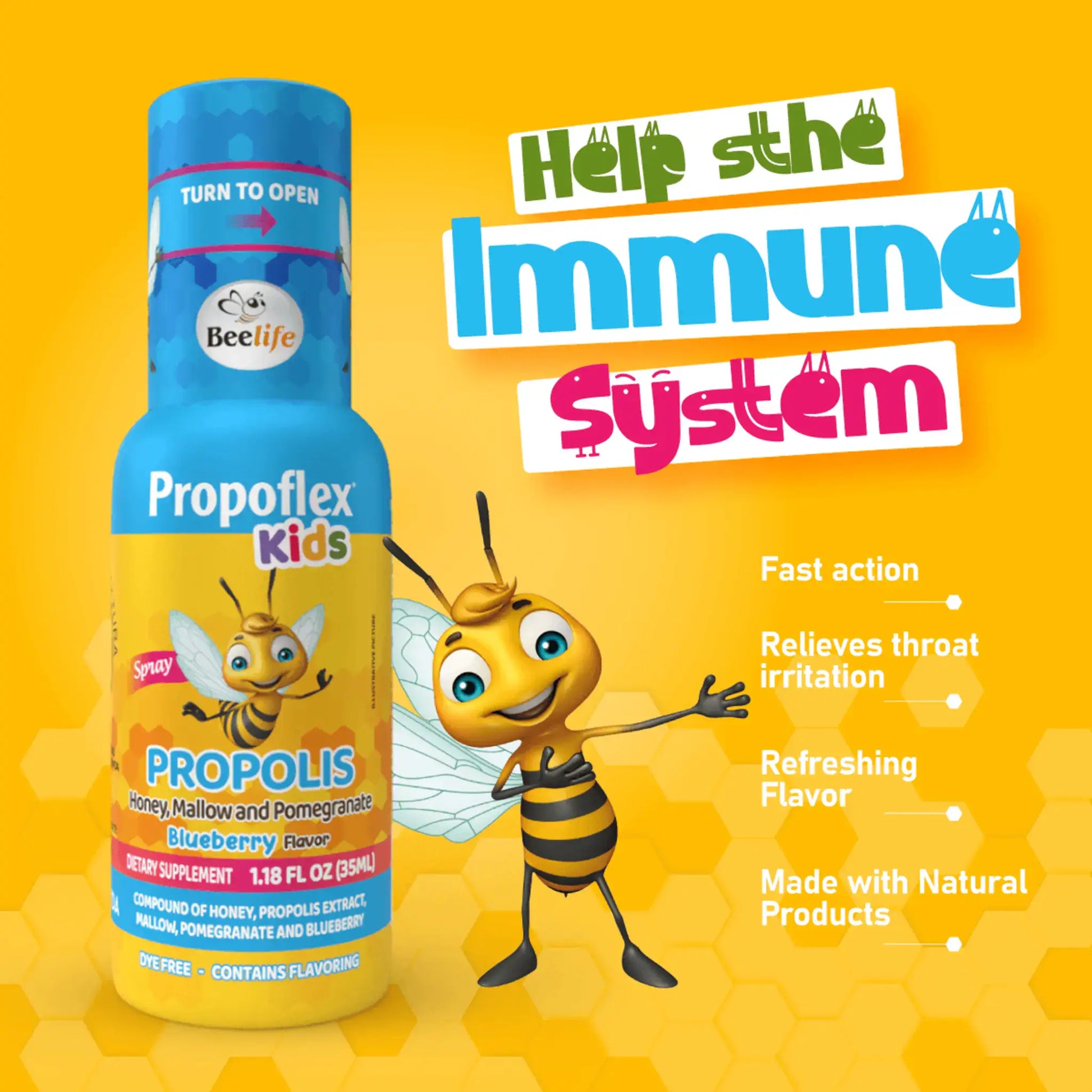Colorful bottle of Propolflex Kids spray with a cartoon bee, featuring honey and blueberry flavor for immune support.